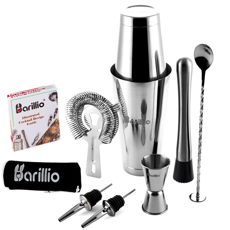 Barillio Boston Shaker Set - Stainless-Steel  Weighted  Martini Cocktail Shaker Set w/Strainer & Mixer - Mixology Bartender Kit - Bar Set for The Home - 9-pc Drink Shaker Set - Bar Tools - Silver - Image 1